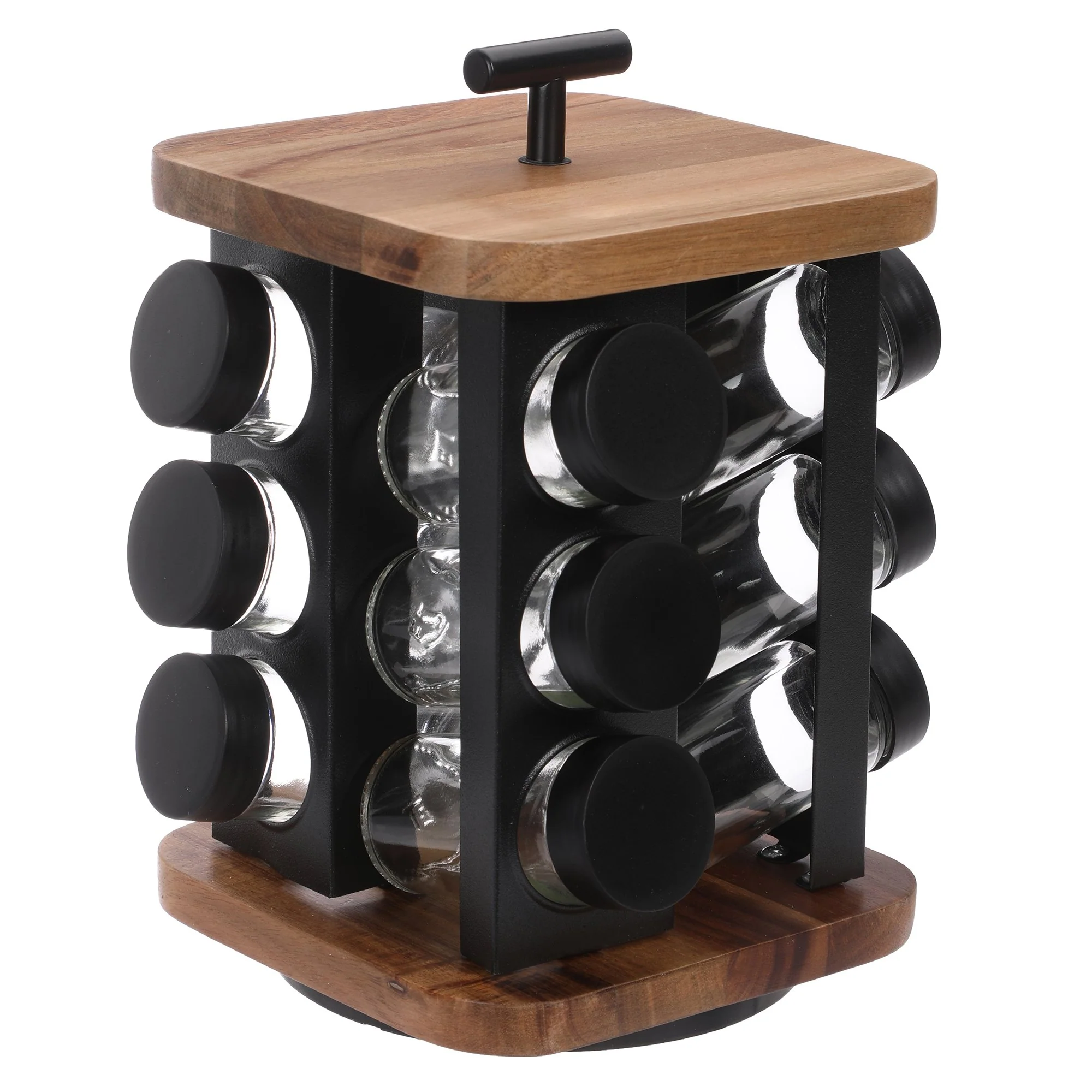 12 pots à épices en verre avec support en acacia