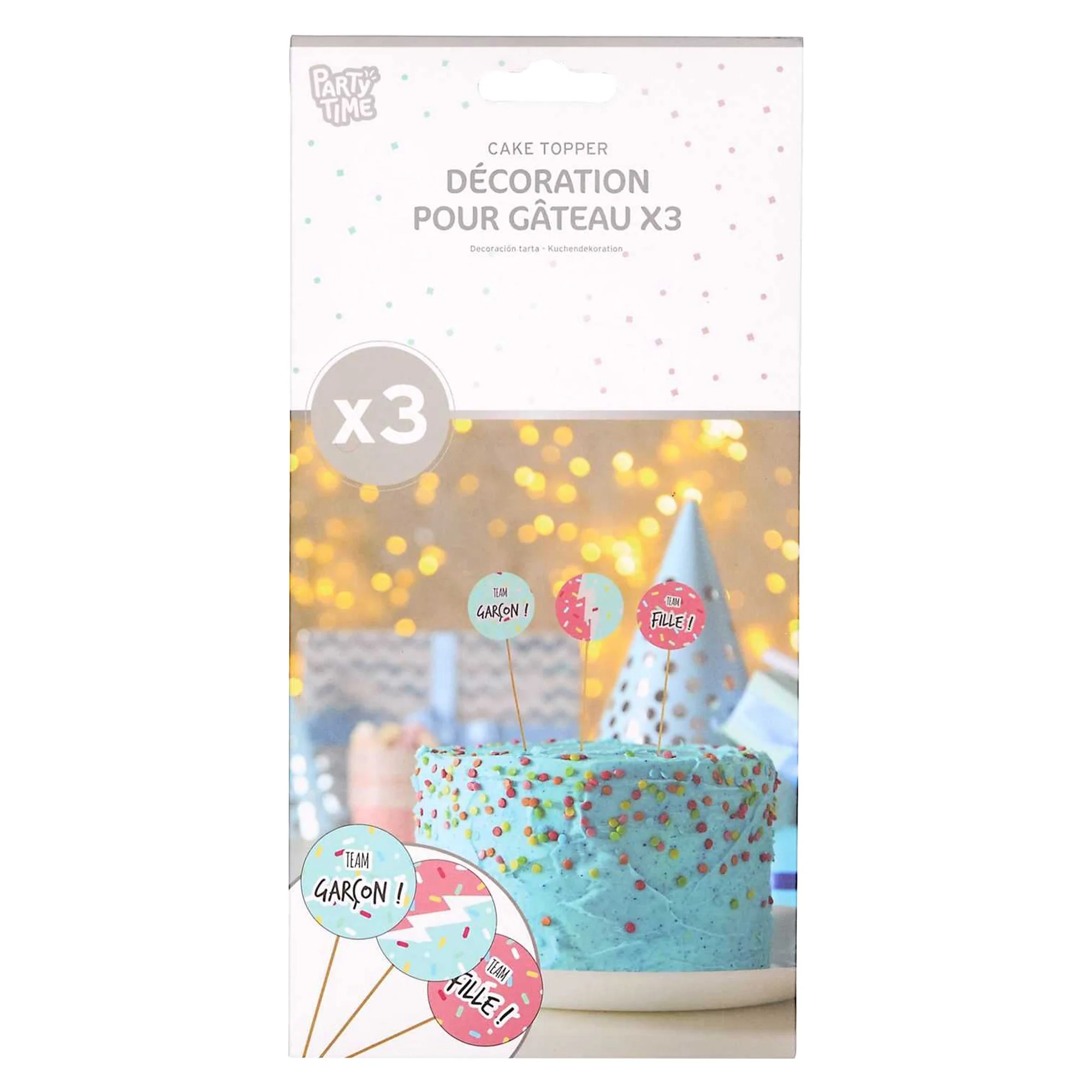 3 décorations de gâteau en carton team fille ou team garçon