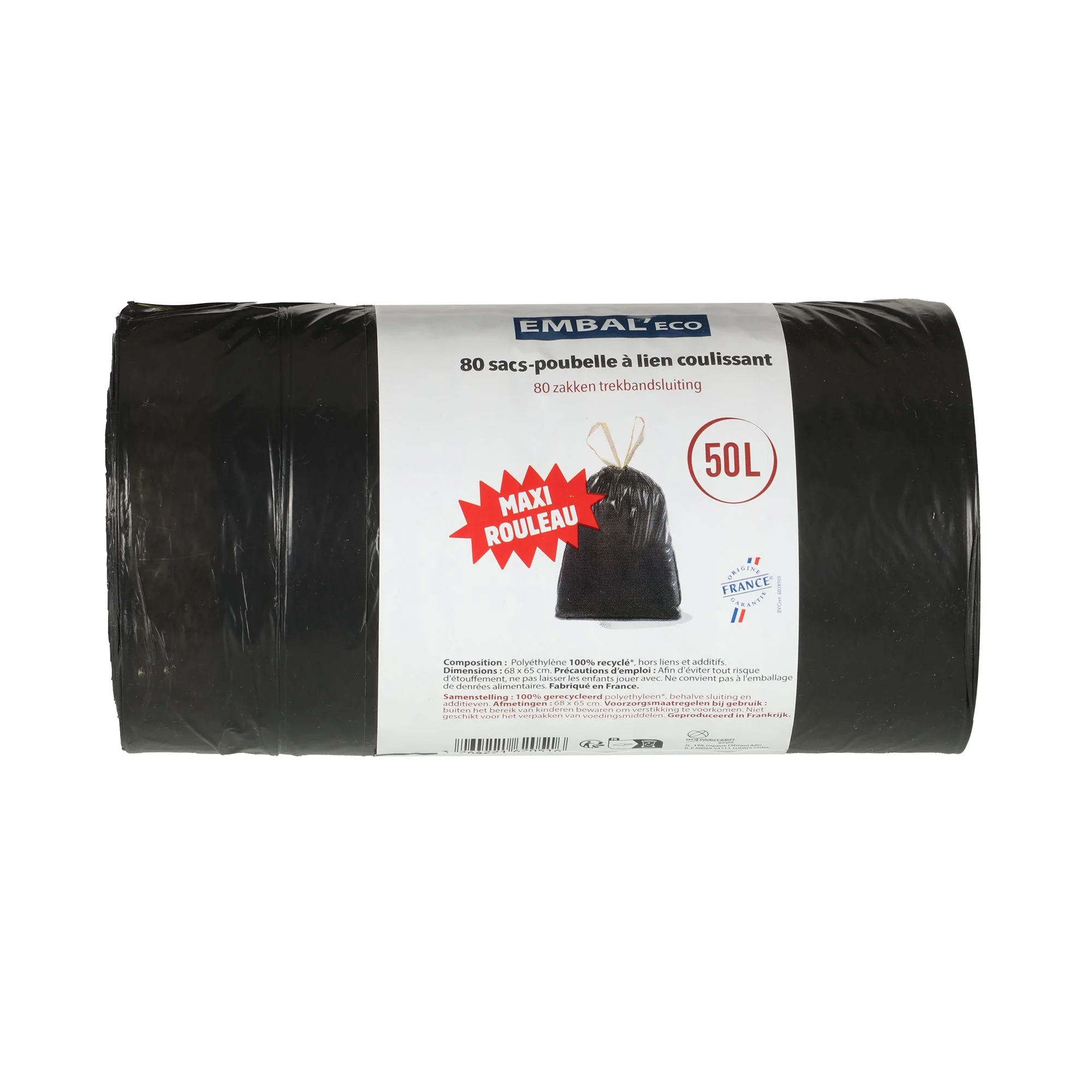 80 sacs poubelle 50L avec lien coulissant