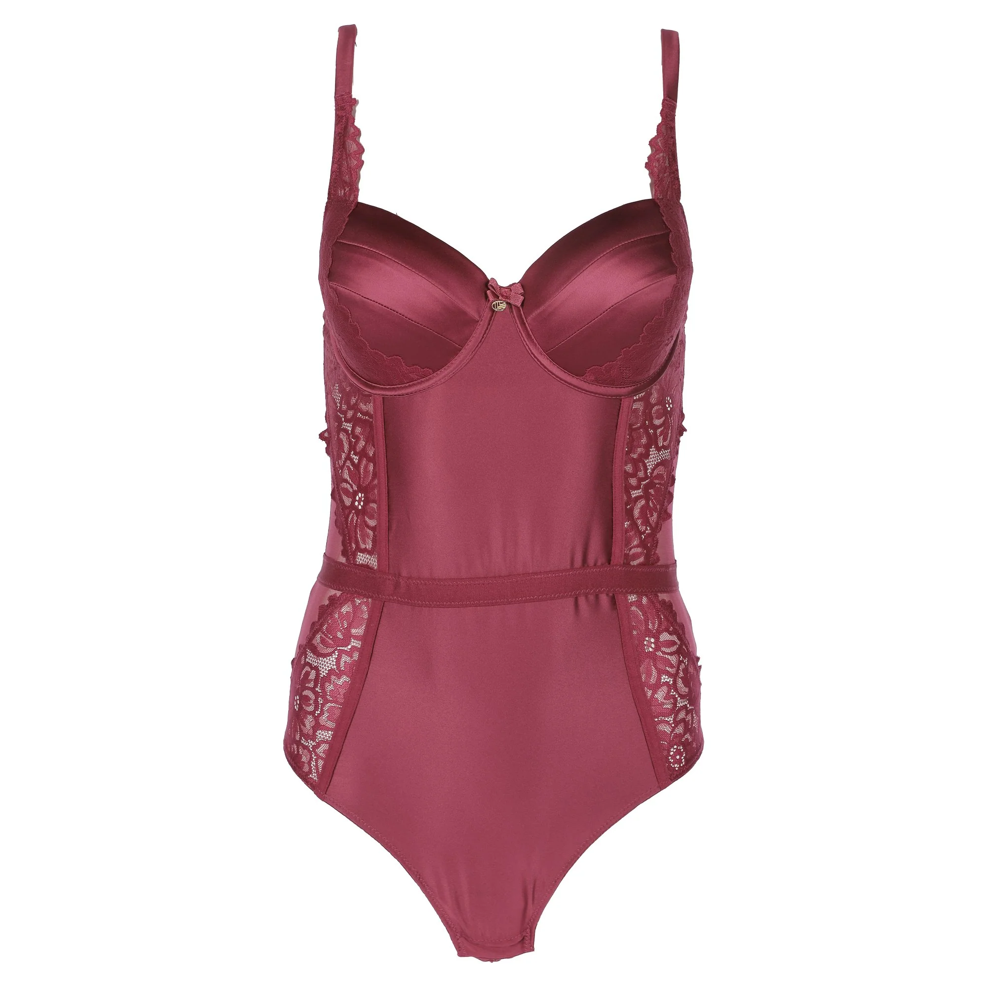 Body coque dentelle et satin cassis - Rouge