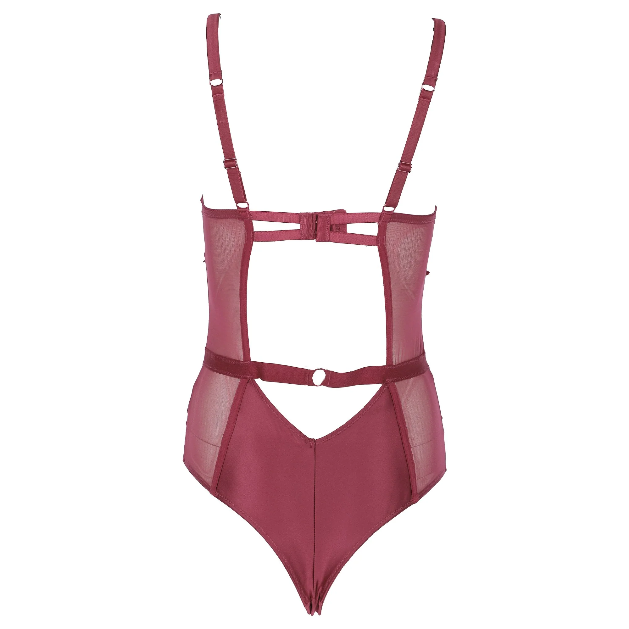 Body coque dentelle et satin cassis - Rouge - Image 2