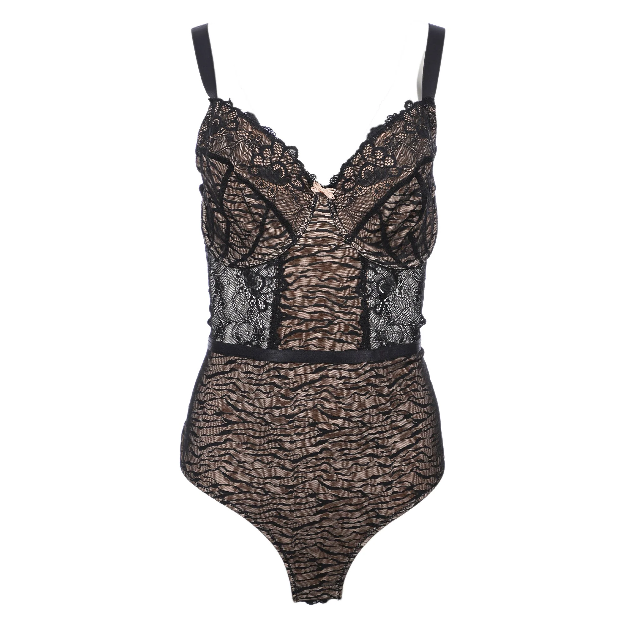 Body dentelle fine noir nude