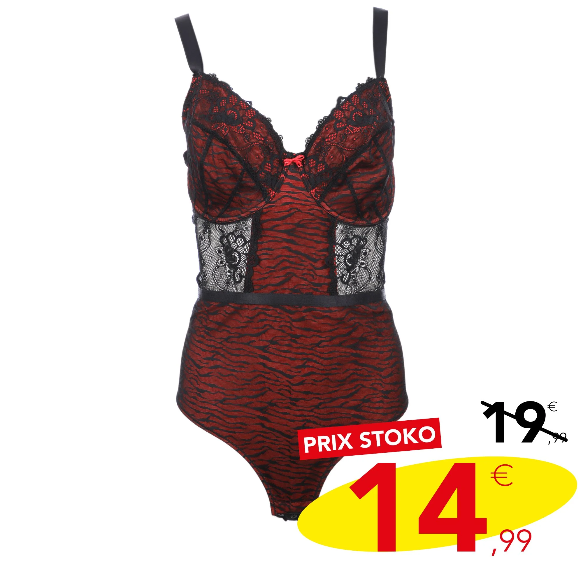 Body en dentelle fine noir et rouge - Image 3