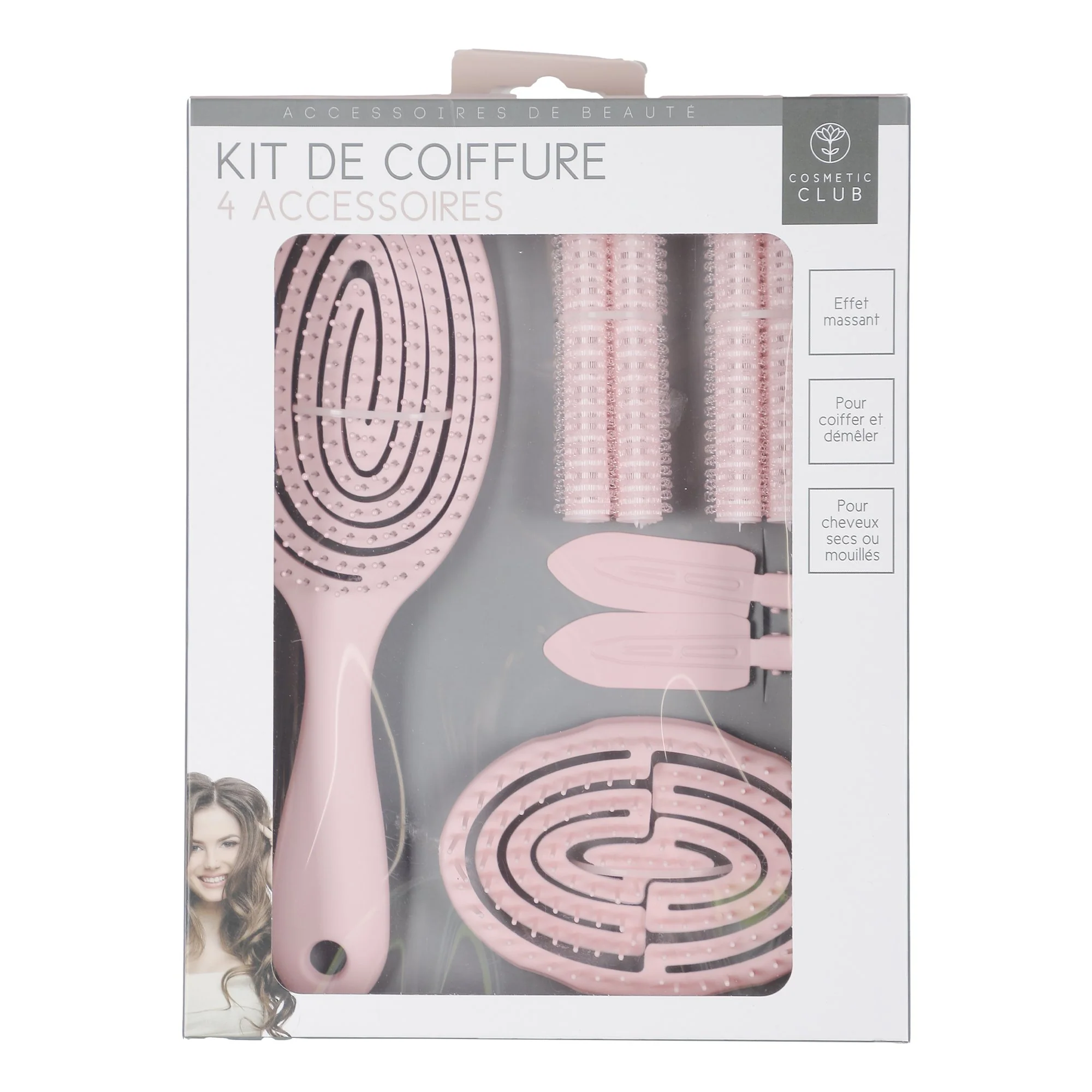 Coffret coiffure : 1 brosse, 1 brosse de transport, 2 bigoudis et 2 pinces
