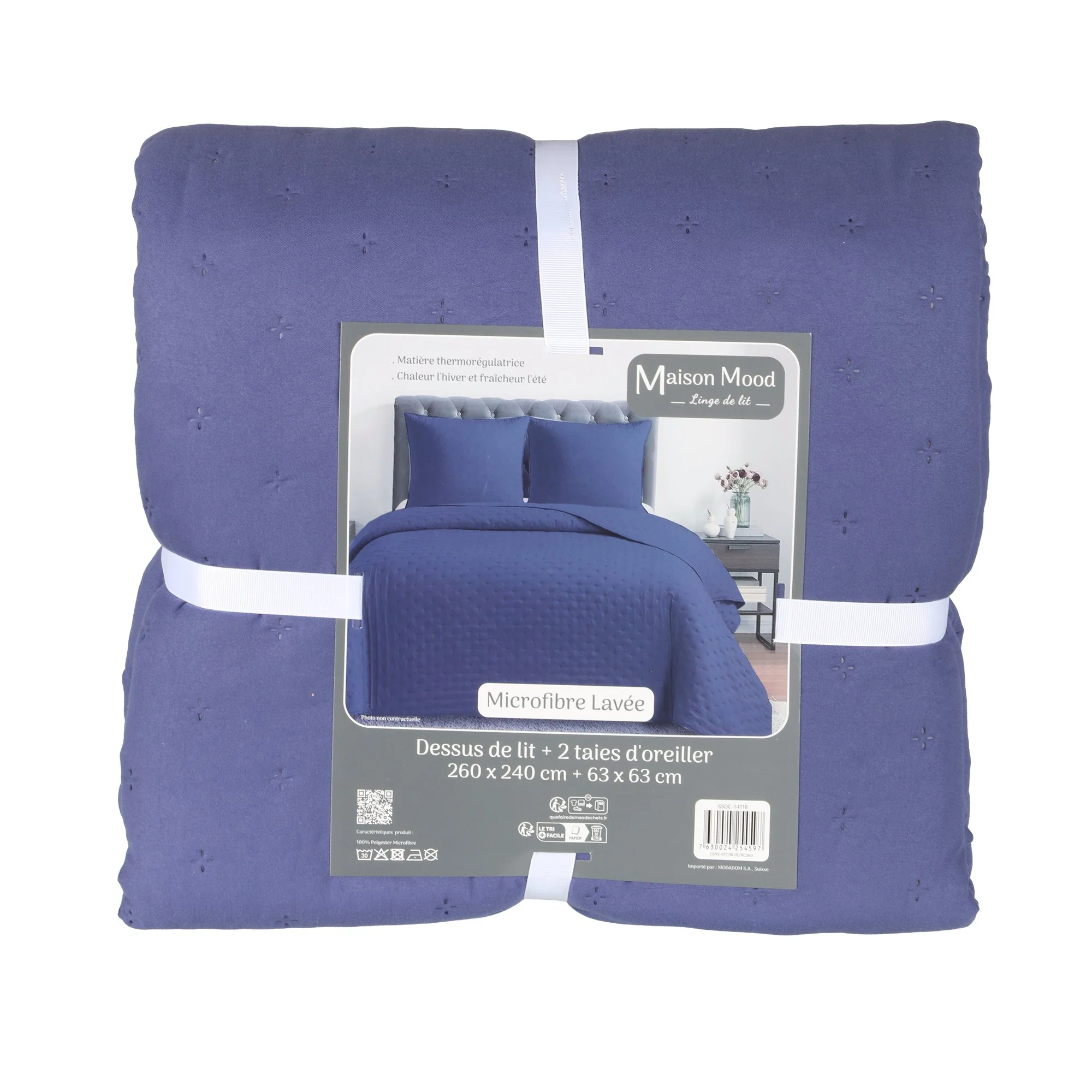 Couvre lit 240x220cm + 2 taies d'oreiller 63x63cm - Bleu