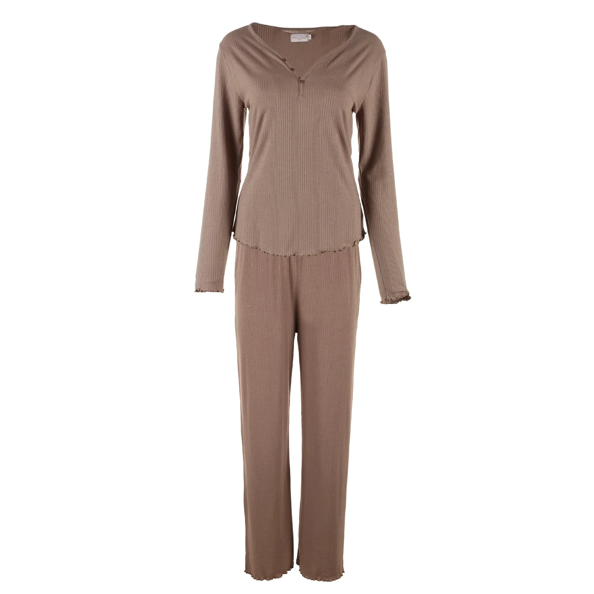 Ensemble tee-shirt manches longues + pantalon évasé - Marron