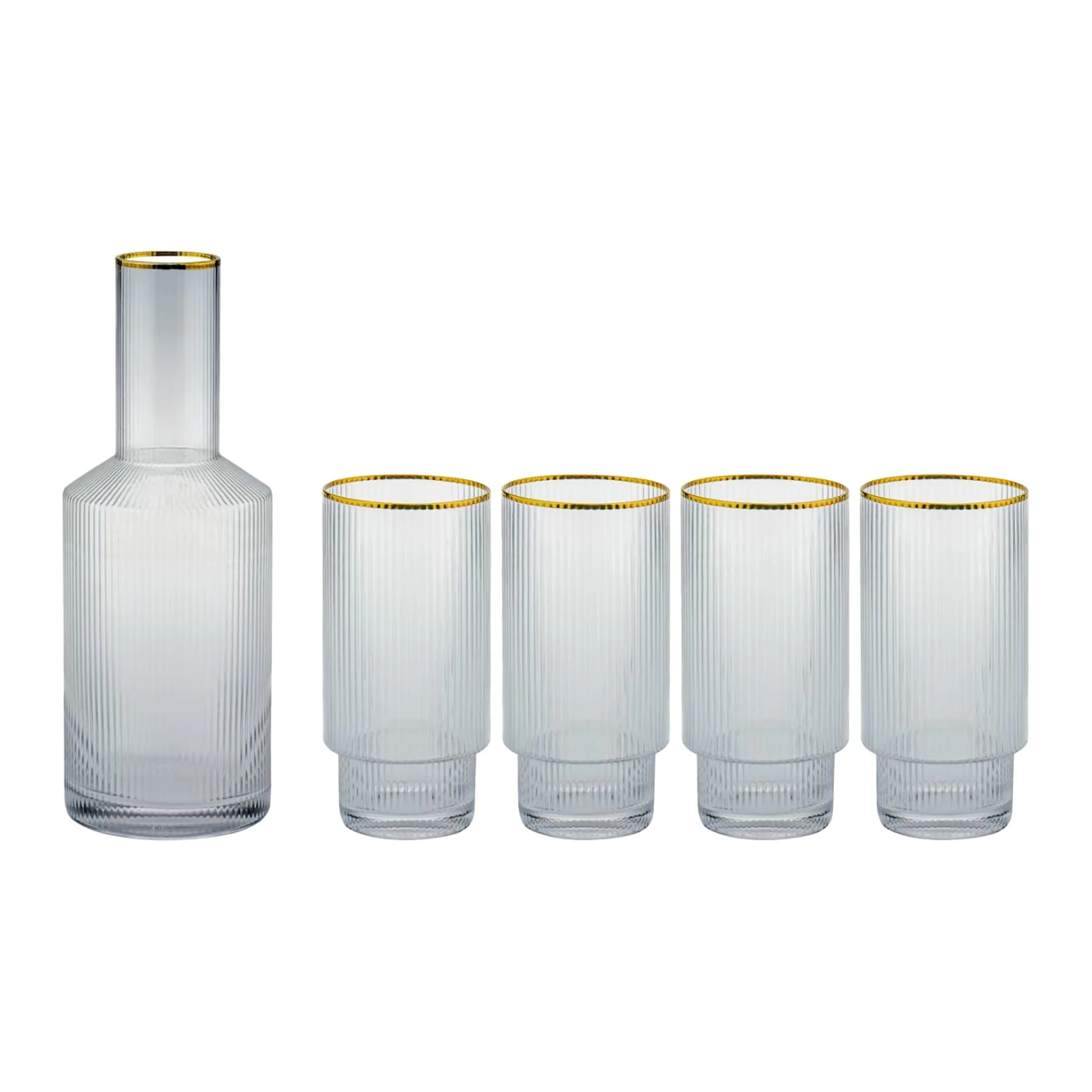 Lot de 5 Service à limonade strié avec bord doré en verre