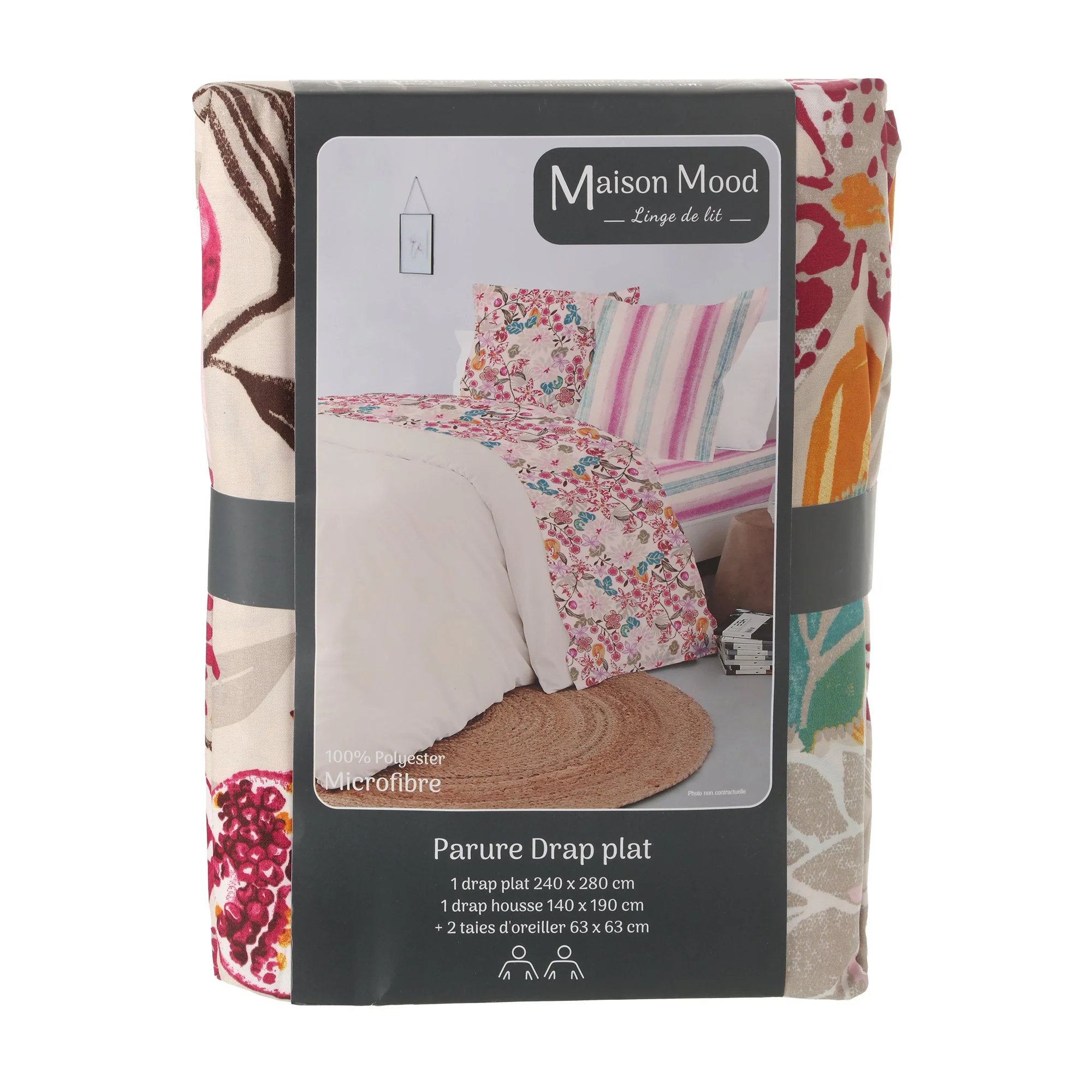 Parure drap plat 240x280cm, drap housse 140x190 cm polyester microfibre - Beige
