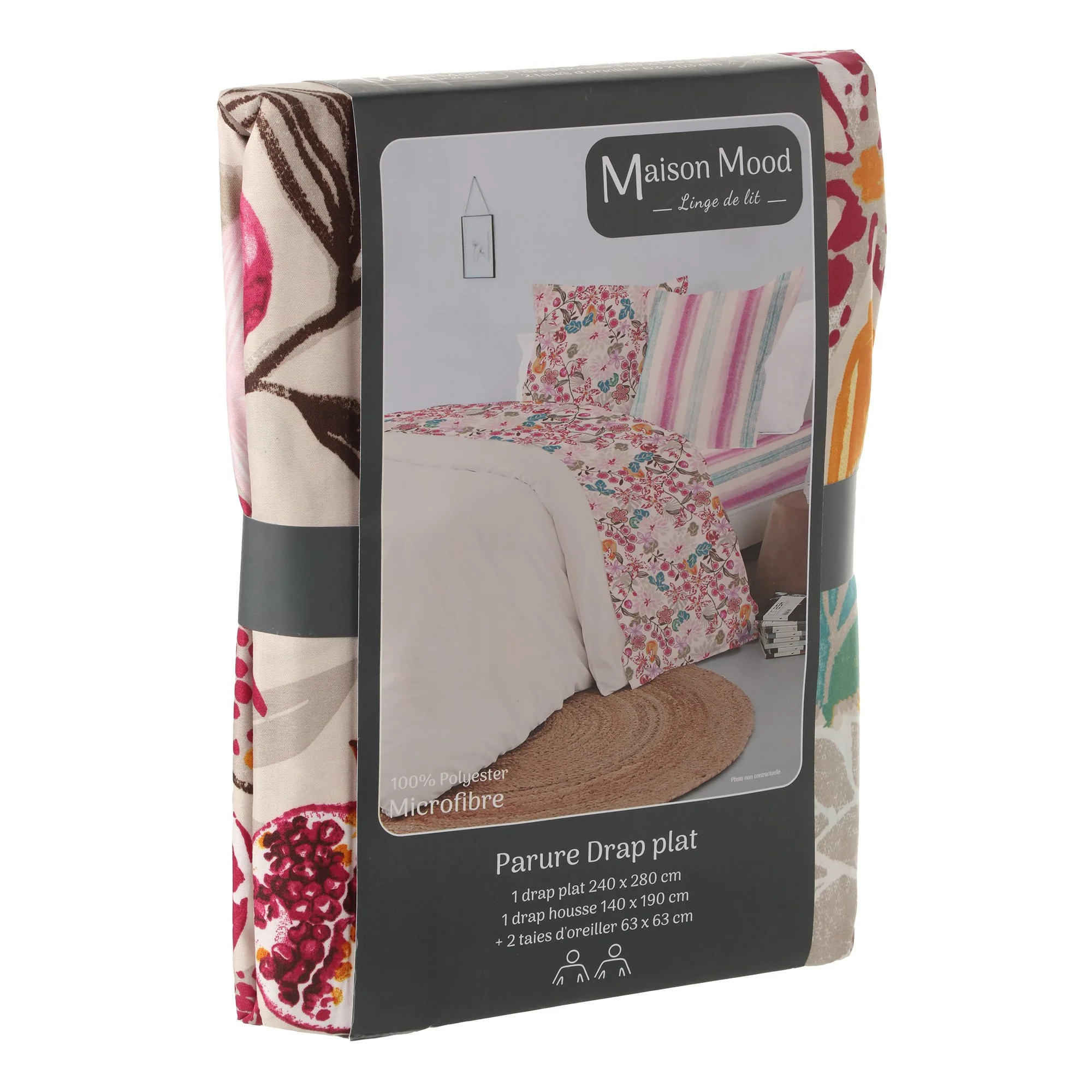 Parure drap plat 240x280cm, drap housse 140x190 cm polyester microfibre  - Multicolore - Image 2