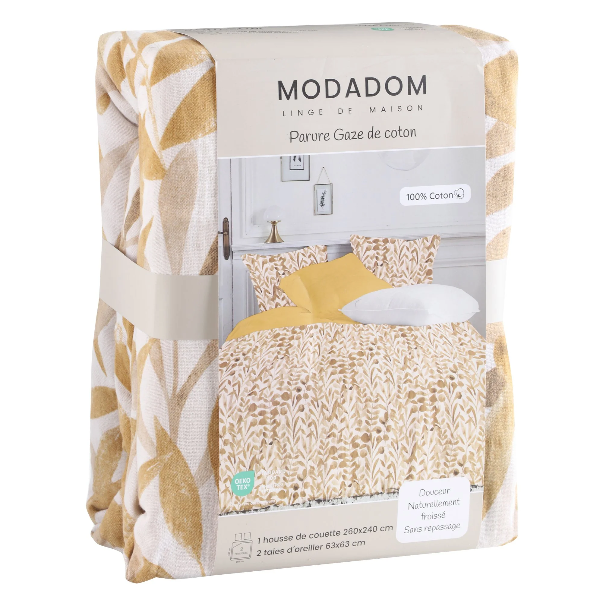 Parure housse de couette 240x220 cm + 2 taies d'oreillers 63x63 cm Gaze de coton - Jaune - Image 2