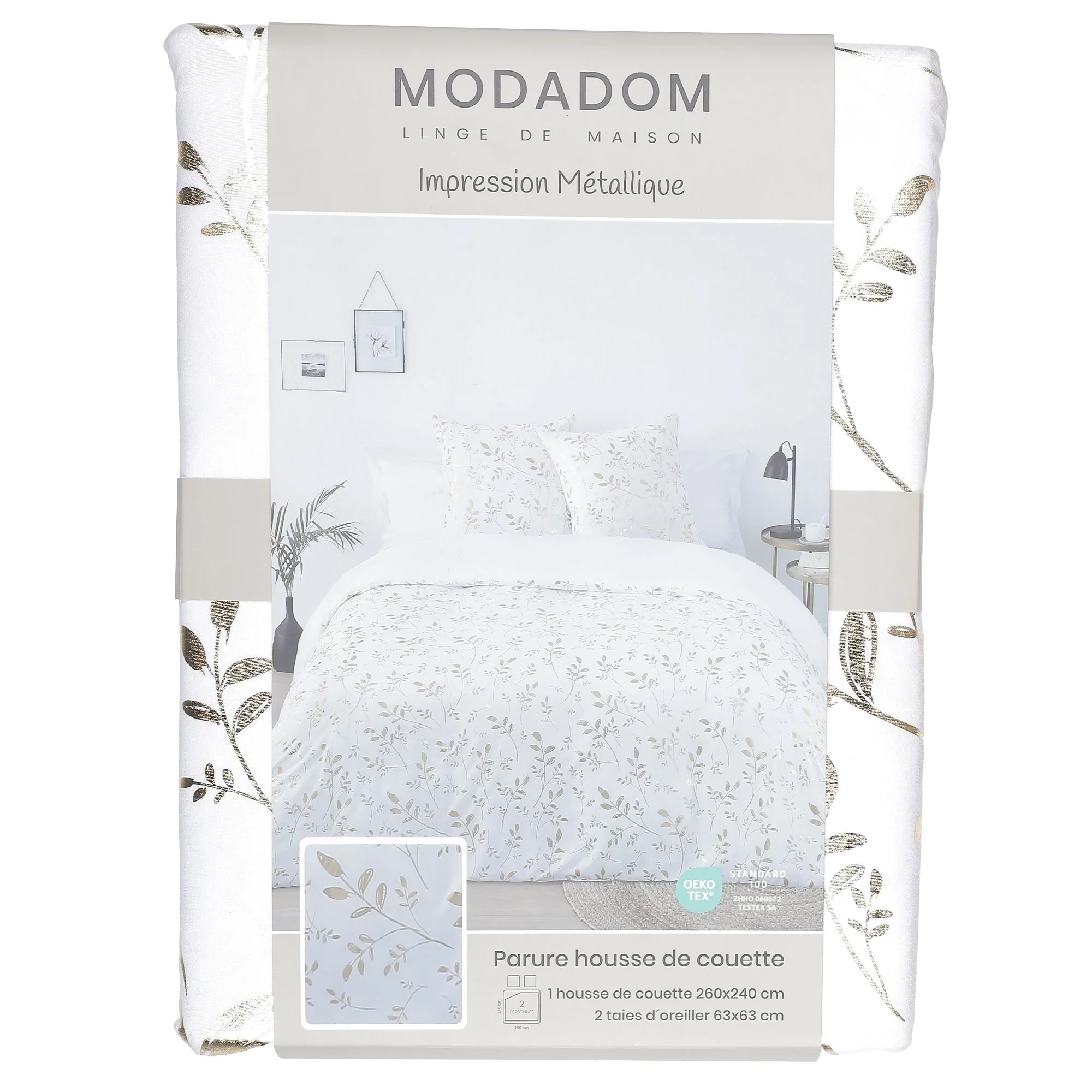 Parure housse de couette 260x220 cm + 2 taies d'oreillers microfibre imprimée métal  - Blanc