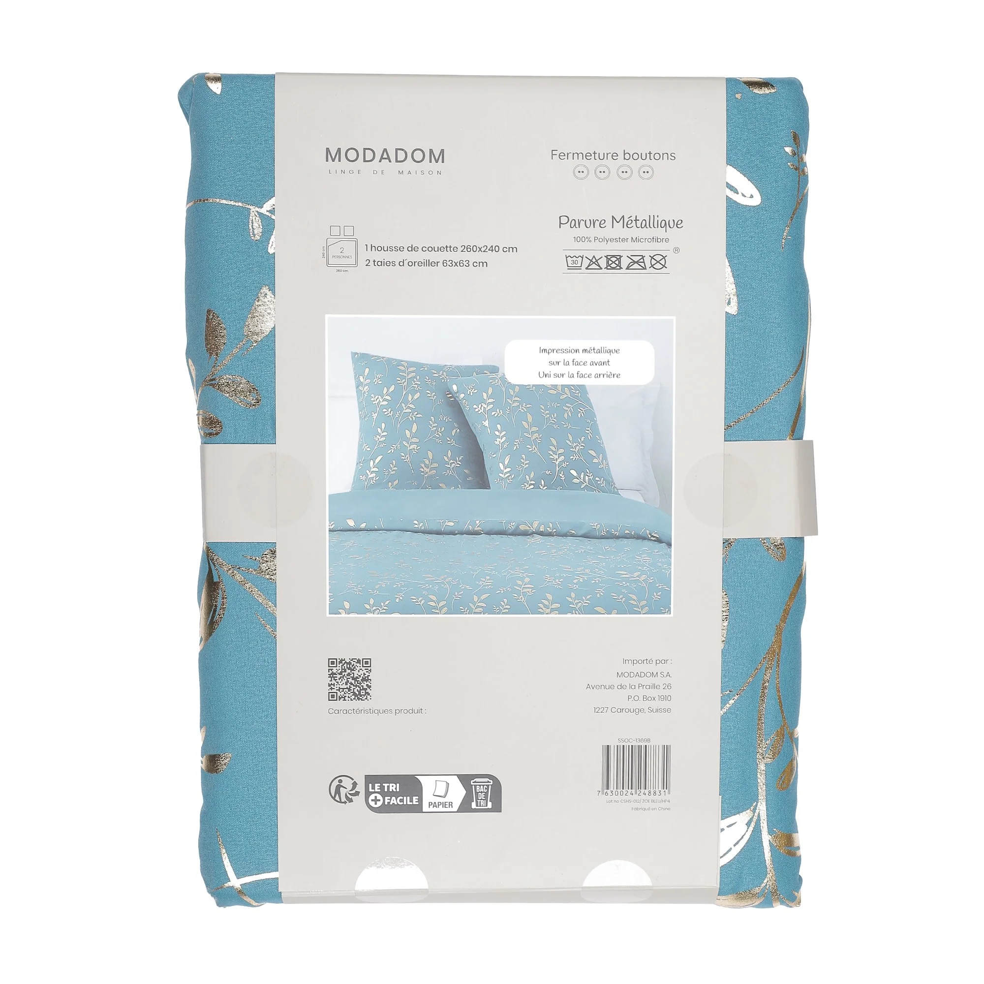 Parure housse de couette 260x220 cm + 2 taies d'oreillers microfibre imprimée métal  - Bleu - Image 2