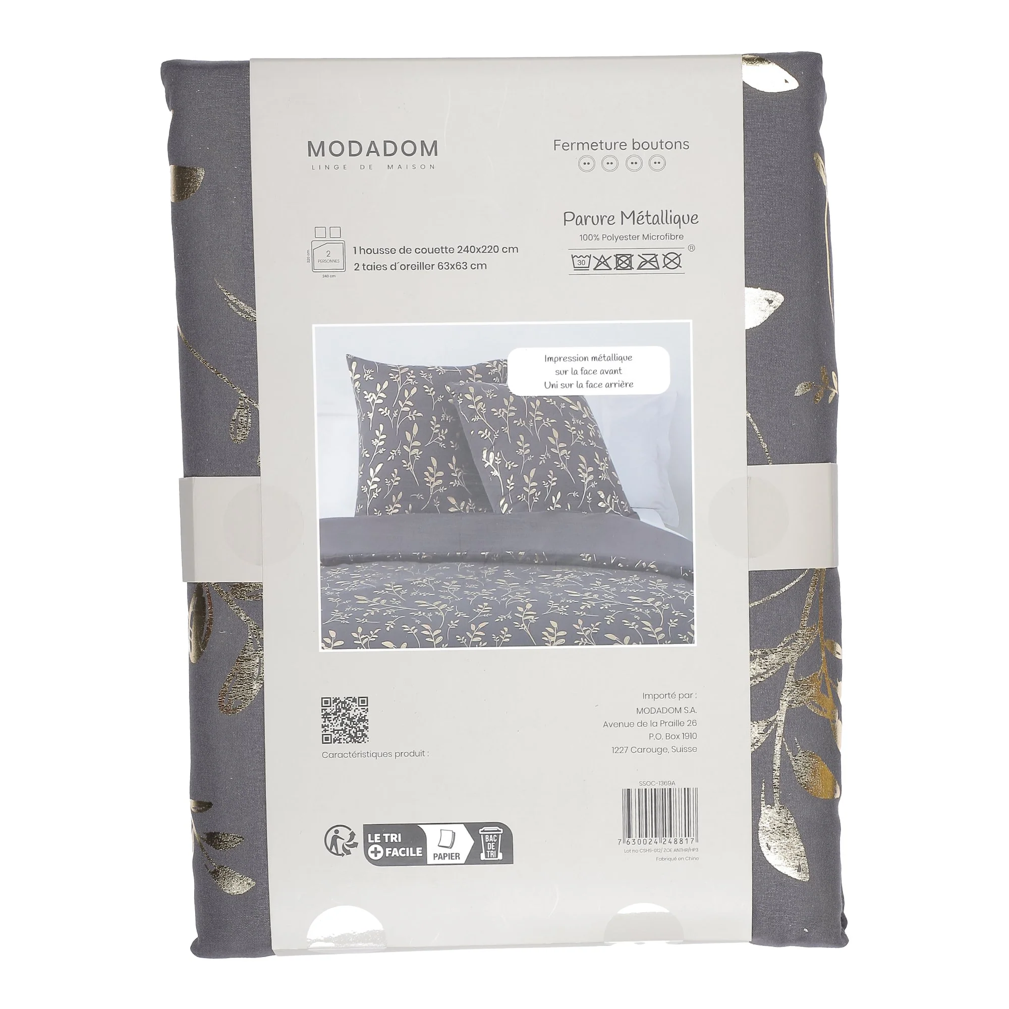 Parure housse de couette 260x220 cm + 2 taies d'oreillers microfibre imprimée métal  - Gris - Image 2