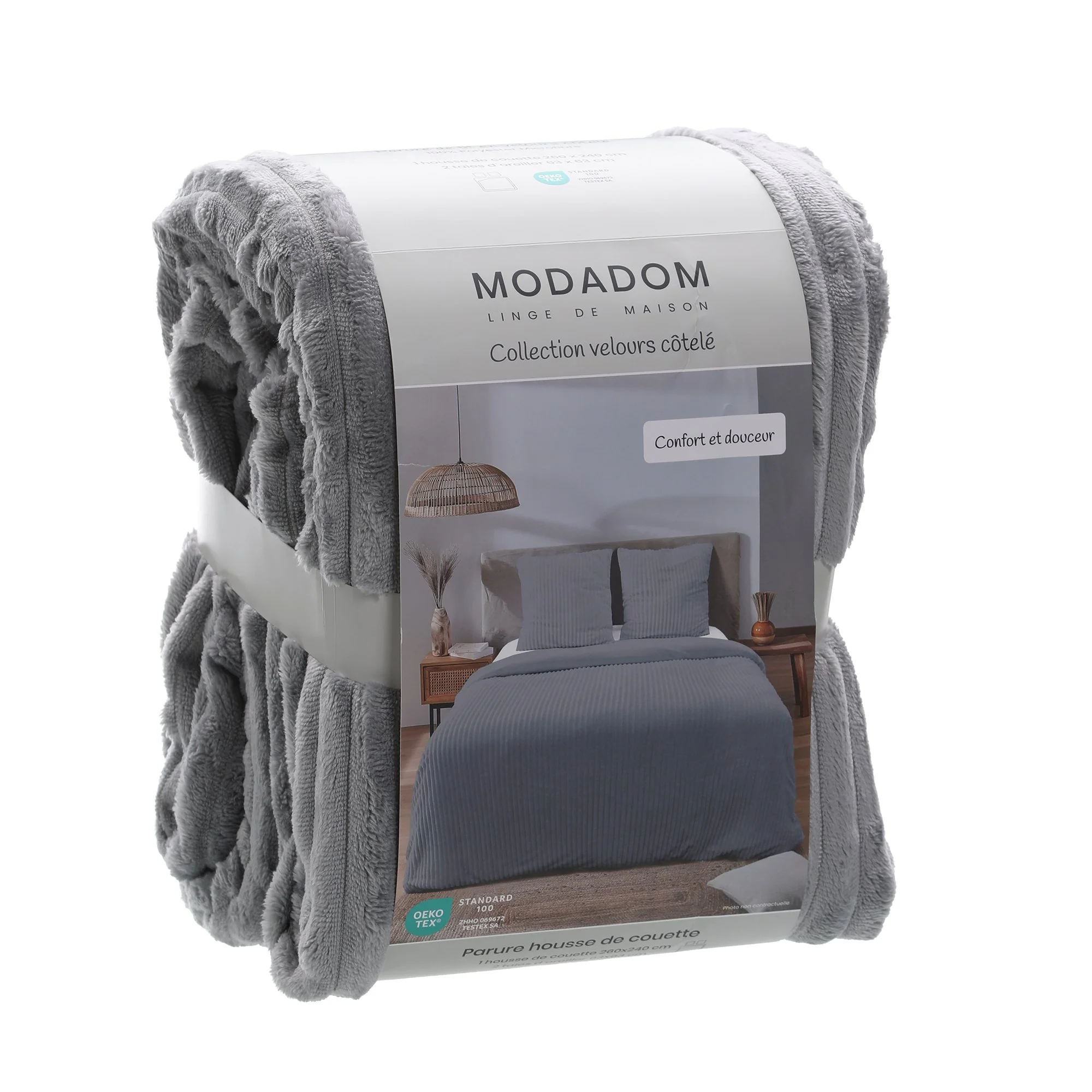 Parure housse de couette côtelé 260x240cm - Gris