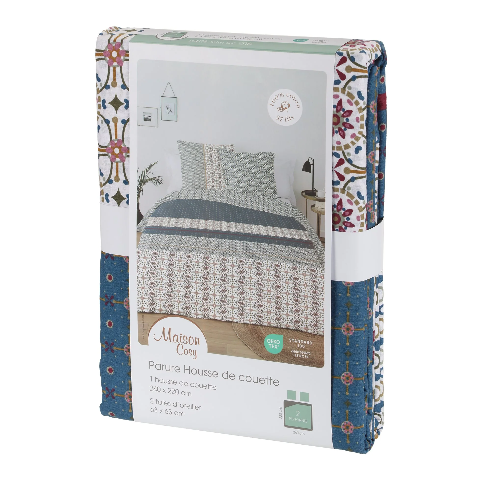 PARURE HOUSSE DE COUETTE IMPRIMEE 240X220CM + 2TO 63X63CM 100% COTON - Image 2