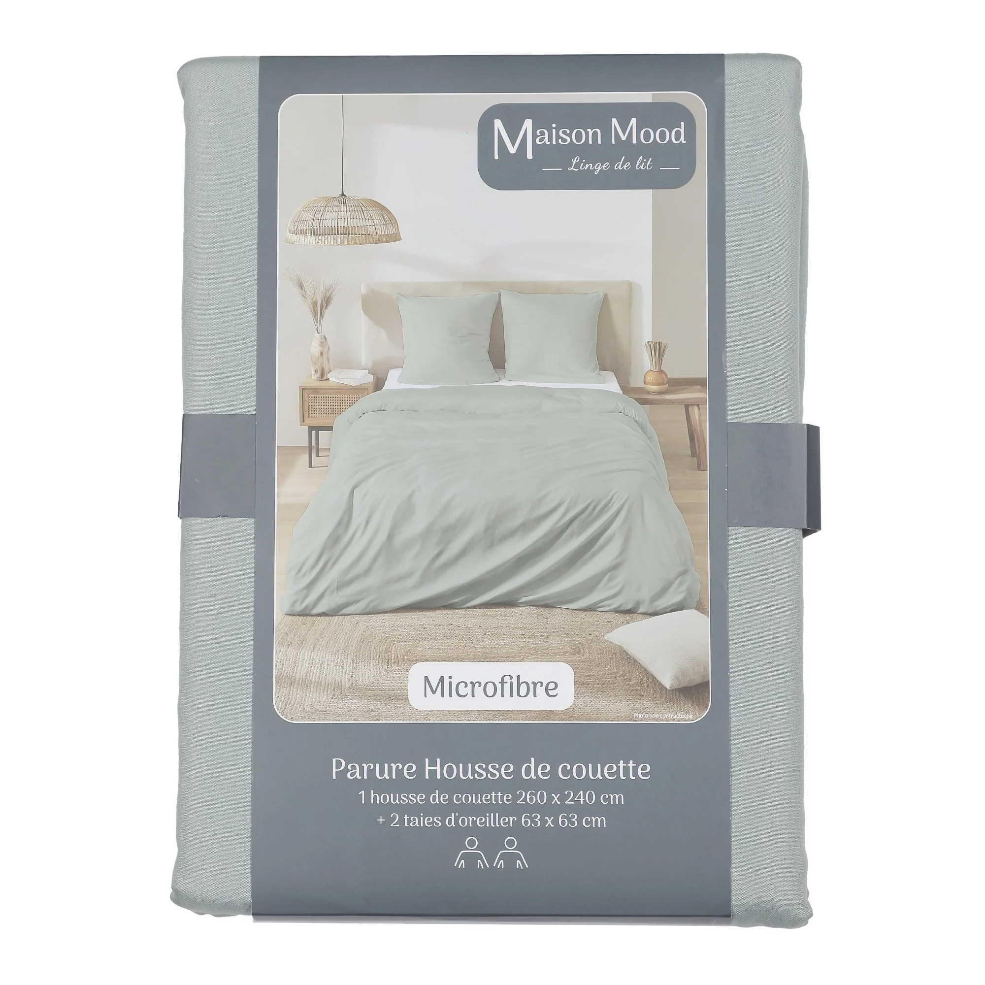 Parure housse de couette unie microfibre 260x240 cm + 2 taies d'oreillers 63x63 cm  - Gris