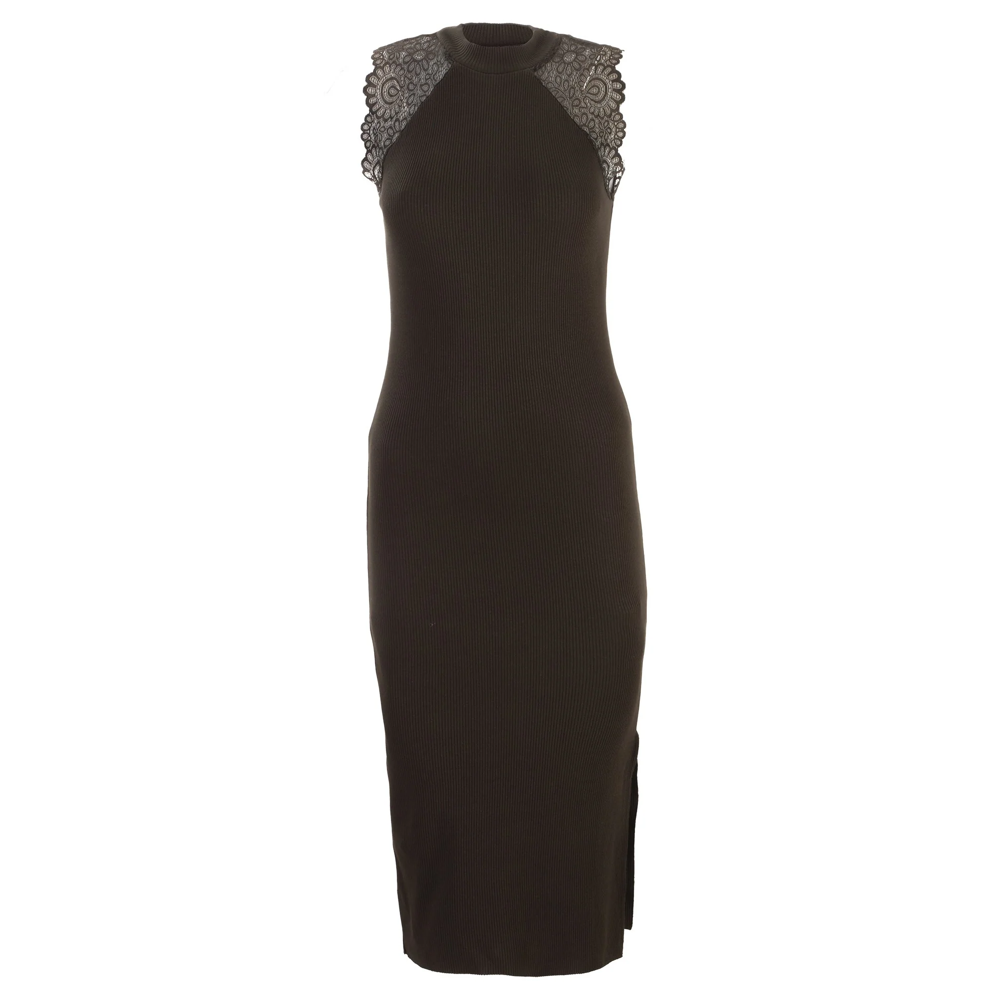 Robe longue en maille détails dentelle - Noir