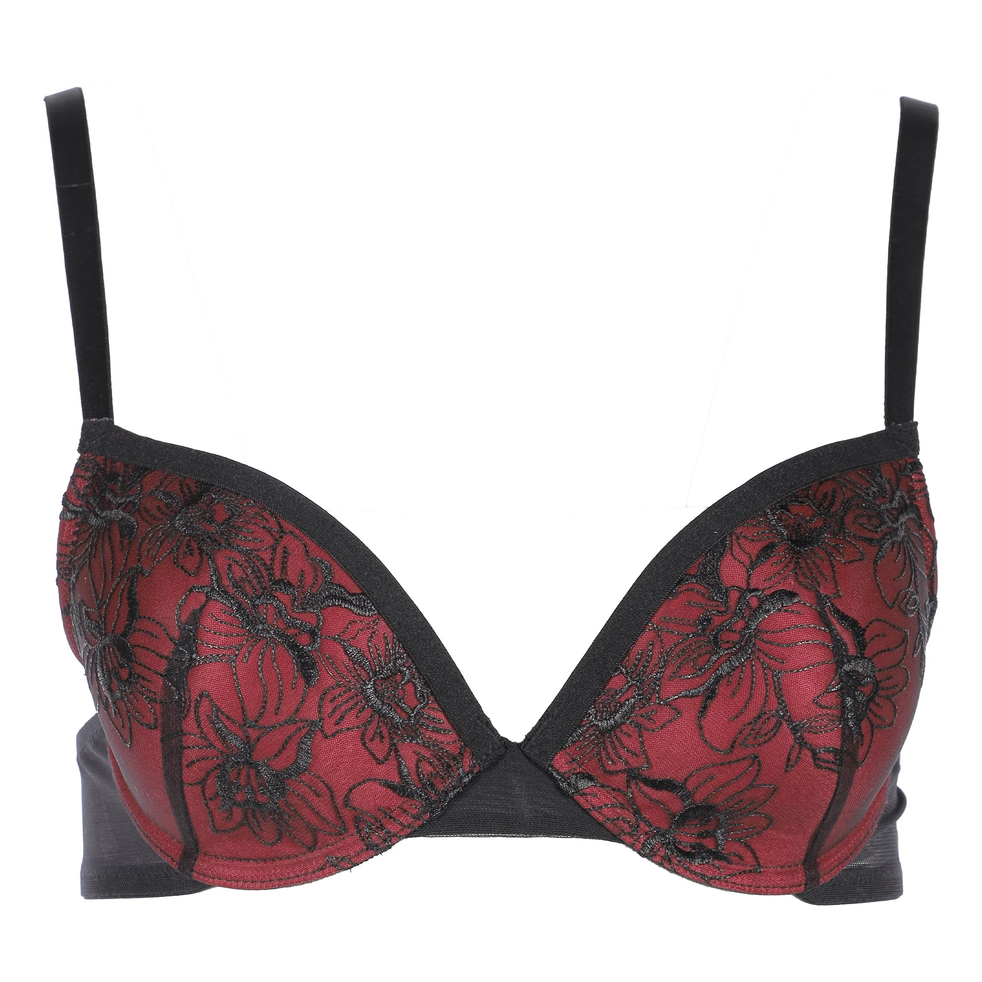 Soutien-gorge broderie noire fond rouge  - Rouge