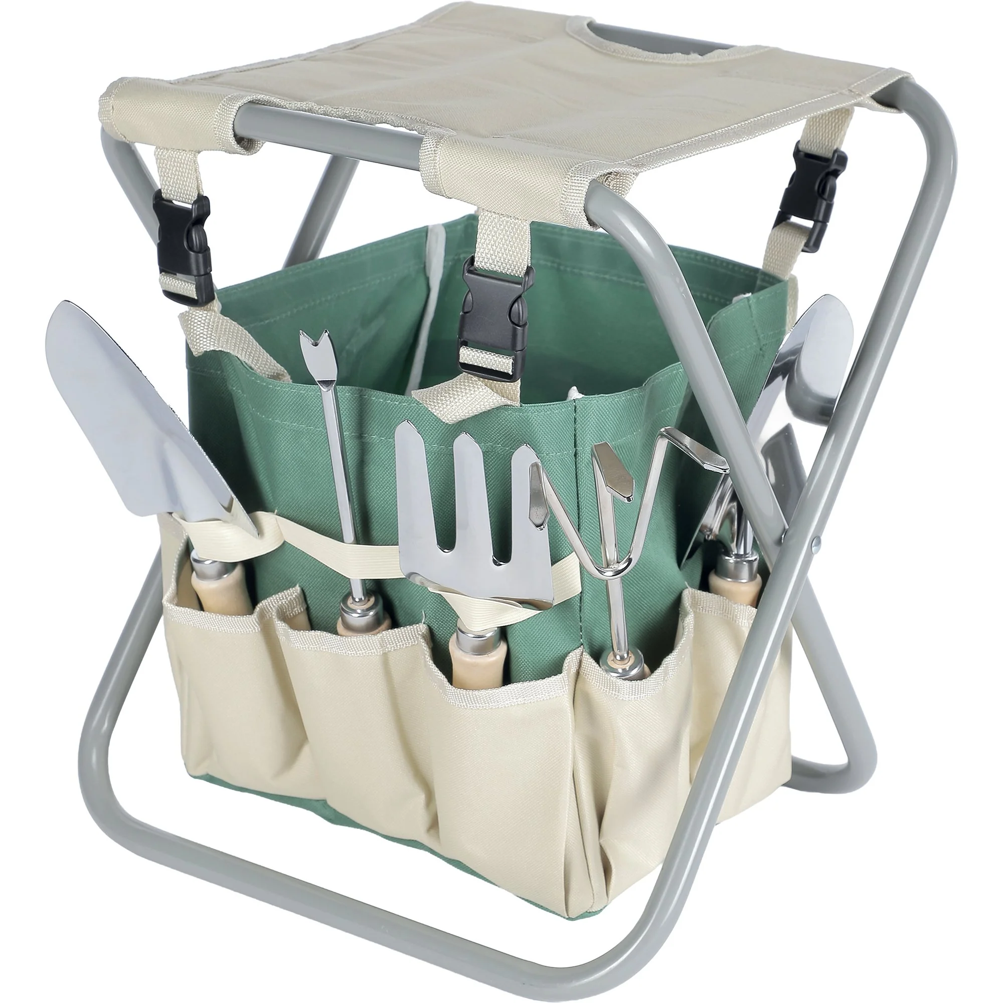Tabouret pliable de jardin avec 5 outils et rangements