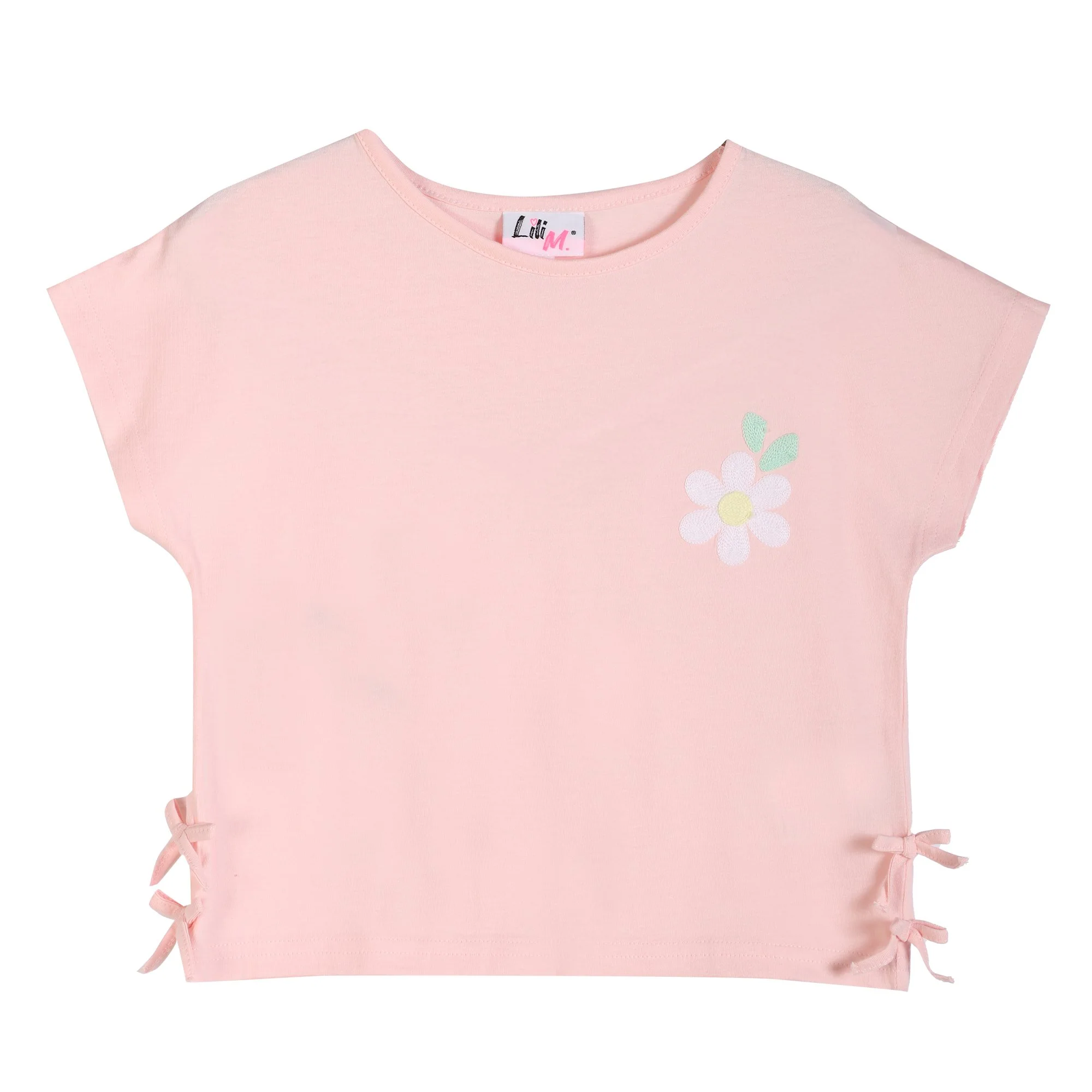 Tee shirt avec noeuds et broderies à fleurs - Rose