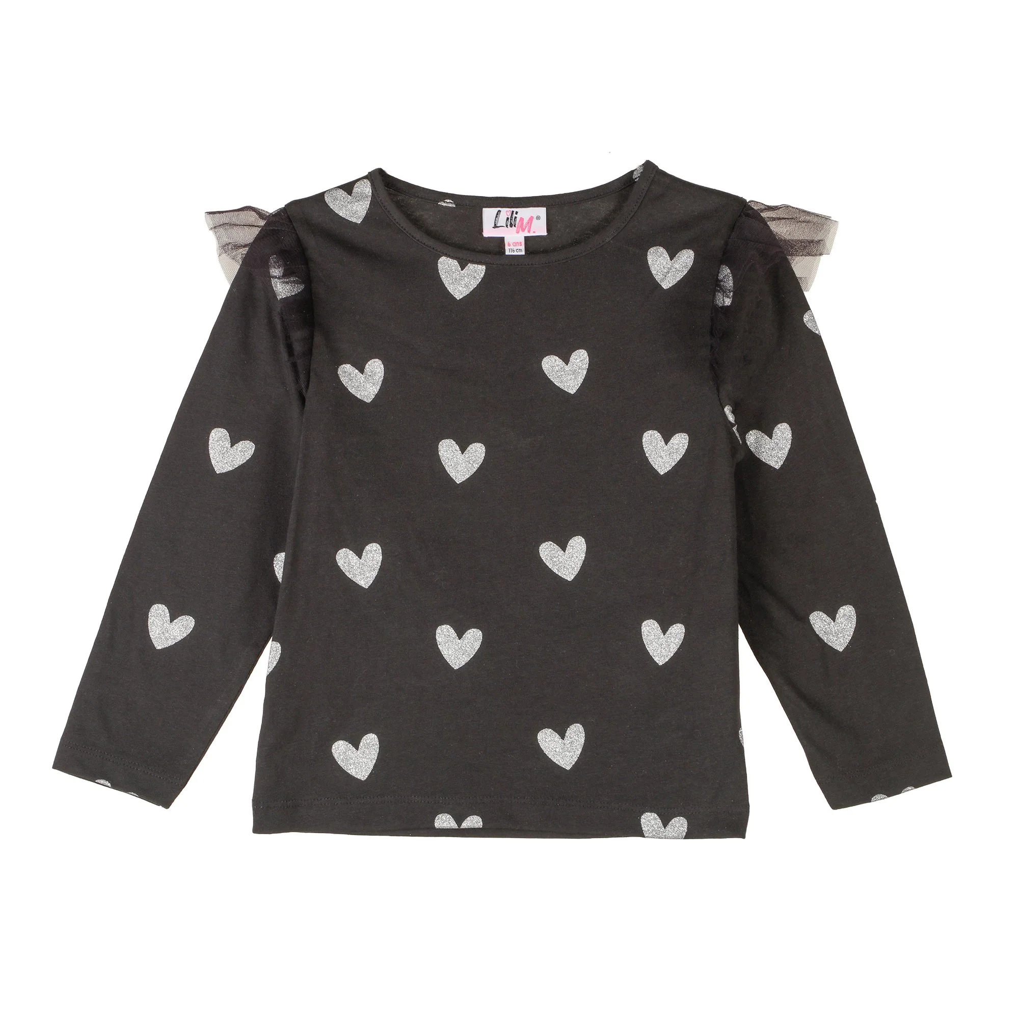 Tee-shirt manches longues à volants 3-12 ans  - Noir